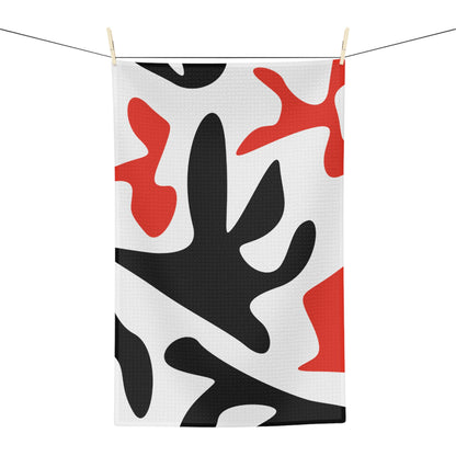 Abstract Red & Black Leaf Microfiber Tea Towel — Modern Botanical Kitchen Towel